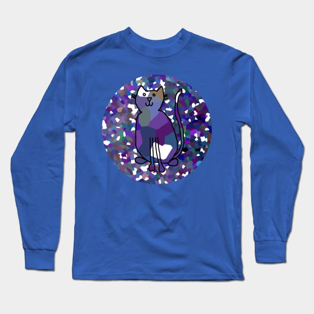 Cat on Blue Line Drawing on Round Background Long Sleeve T-Shirt by ellenhenryart